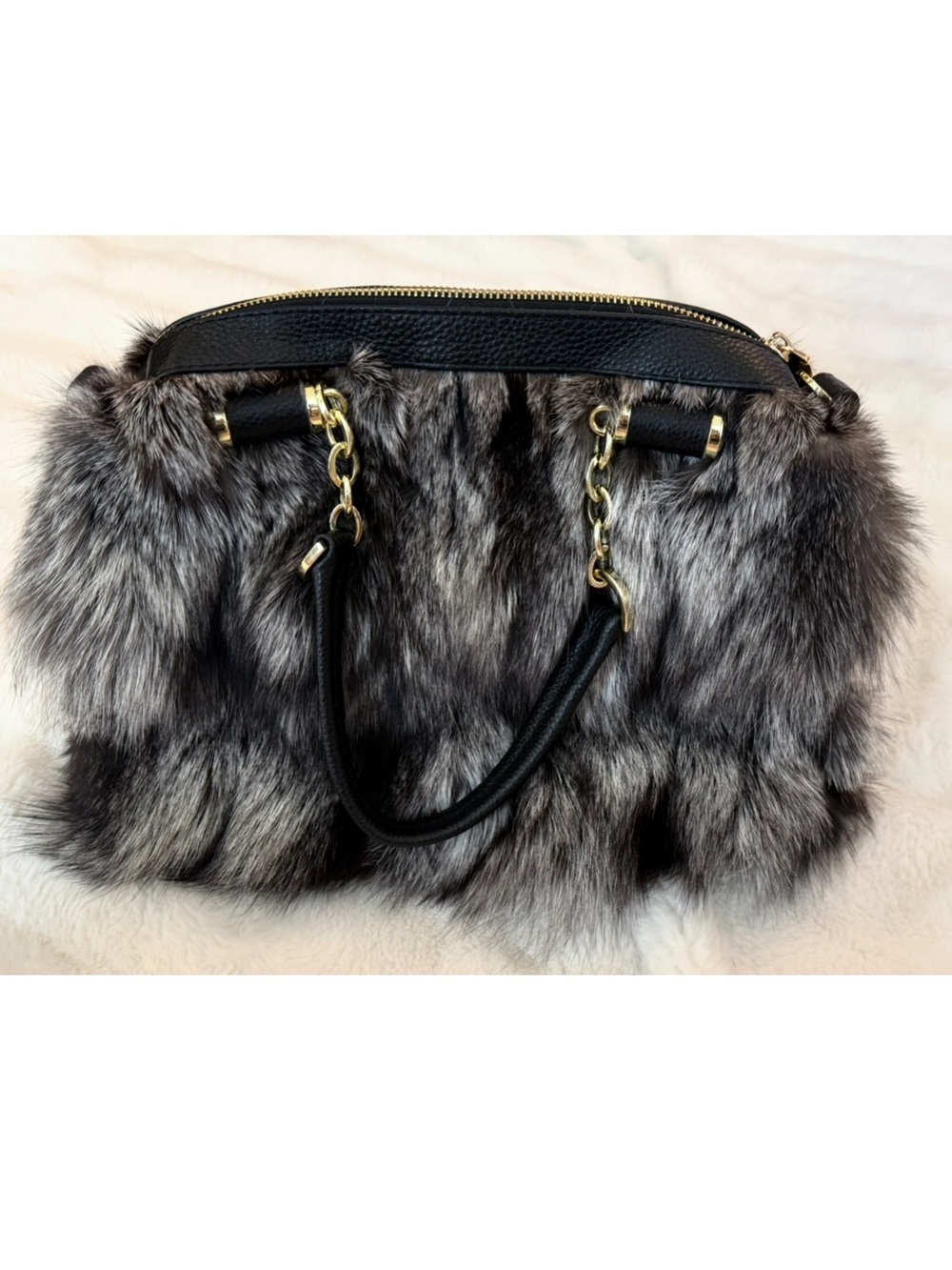 Fox Fur purse with leather & Gold Hardware